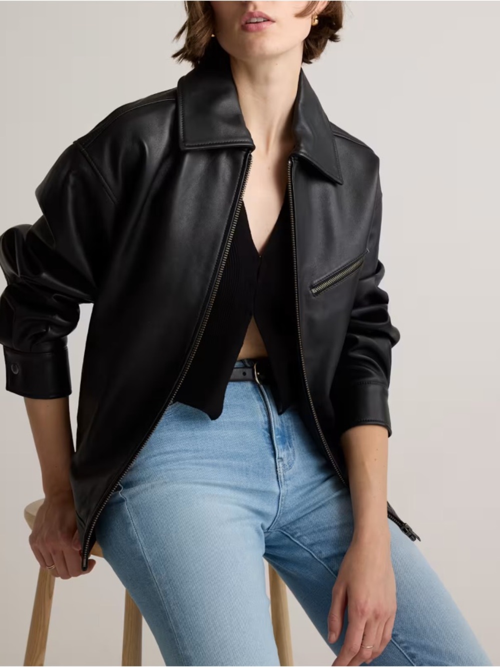 Quince Black Leather Oversized Bomber Jacket
